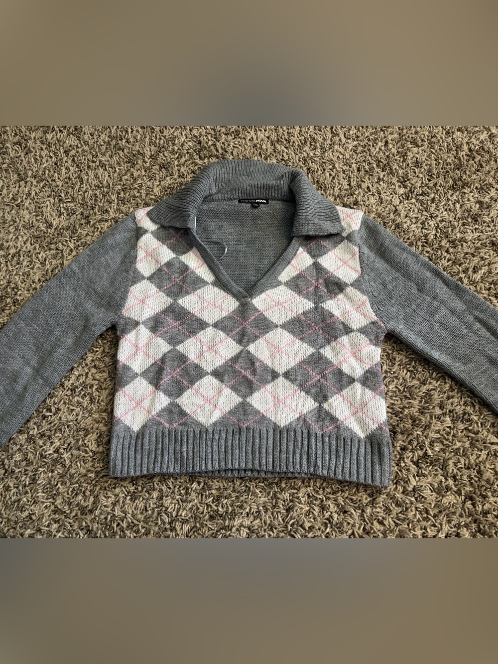 Fashion Nova Gray Argyle V-Neck Collared Sweater with Pink Accents